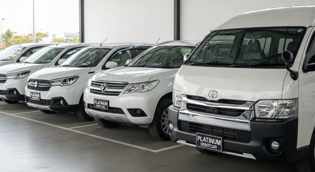 Barisan mobil rental Platinum Rentcar MPV, SUV, dan van