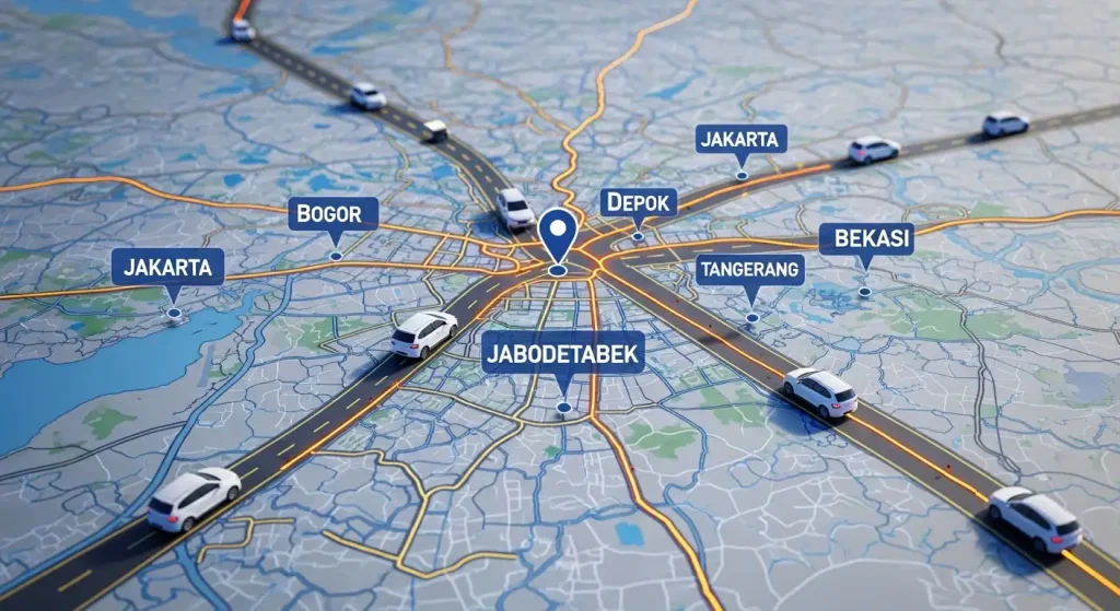 Peta konektivitas layanan rental mobil Platinum Rentcar di seluruh Jabodetabek