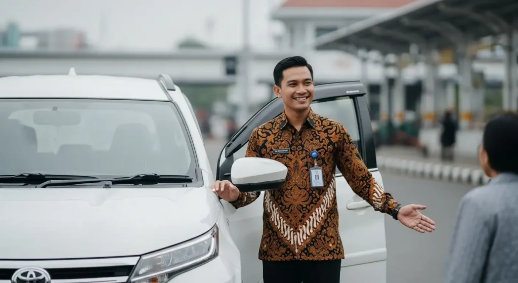 Supir profesional Platinum Rentcar menyambut pelanggan di depan stasiun di Bogor