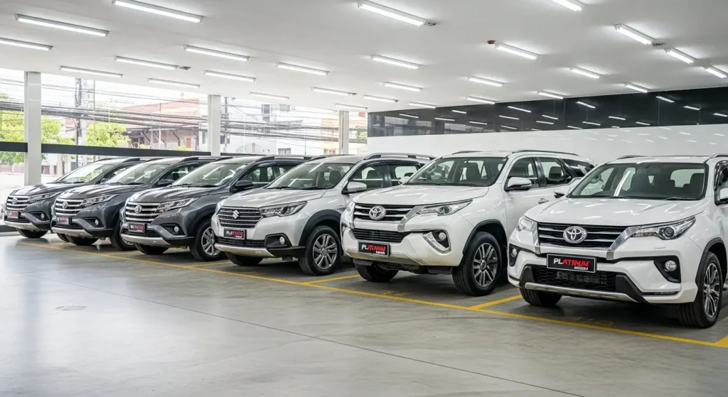 Berbagai jenis mobil rental Platinum Rentcar berjejer rapi MPV, SUV, dan sedan premium