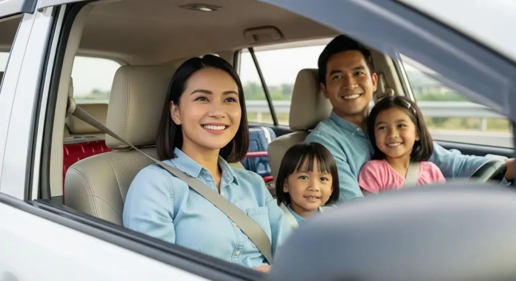 Keluarga tersenyum bahagia di dalam mobil rental Platinum Rentcar saat perjalanan dari Apartemen Gading Nias ke bandara