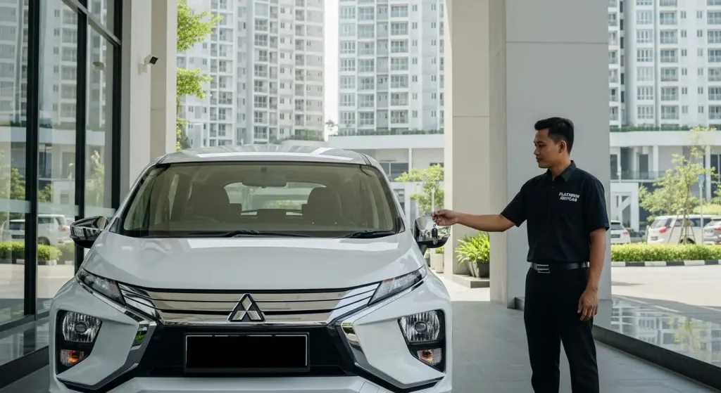 Mobil rental diantar ke lobi Apartemen Gading Nias oleh pengemudi Platinum Rentcar