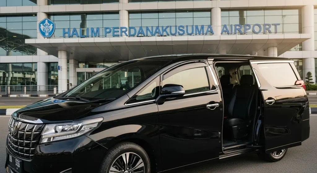 Mobil mewah Alphard atau Denza D9 di depan Bandara Halim Perdanakusuma