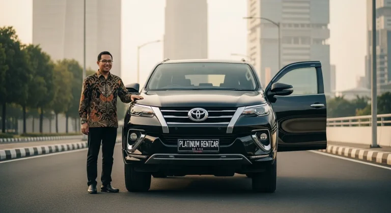 Mobil Toyota Fortuner GR Sport hitam yang mewah dengan supir profesional memakai batik tersenyum, berlatar gedung-gedung modern Jakarta di pagi hari, menunjukkan layanan premium Platinum Rent Car dengan identitas perusahaan pada plat nomor.