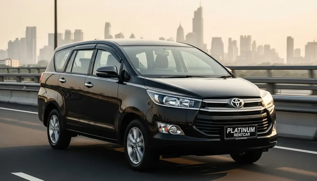 Mobil rental Platinum Rentcar di Jakarta dengan latar belakang ikonik kota