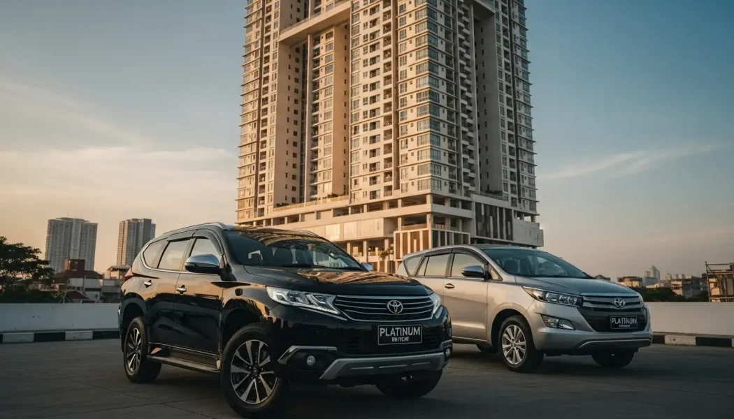 Mobil rental premium Platinum Rentcar parkir di depan Apartemen Gading Nias dengan latar langit Jakarta