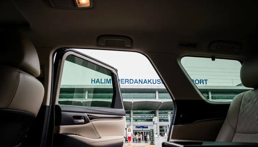 Sewa mobil premium dengan pintu terbuka di Bandara Halim Perdanakusuma, siap menjemput Anda