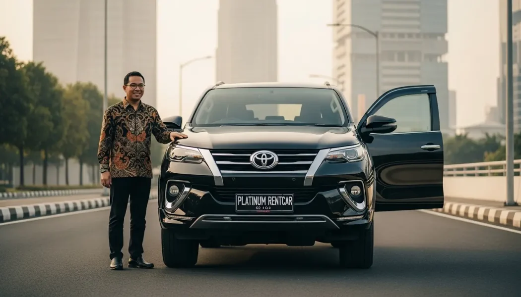 Mobil Toyota Fortuner GR Sport hitam yang mewah dengan supir profesional memakai batik tersenyum, berlatar gedung-gedung modern Jakarta di pagi hari, menunjukkan layanan premium Platinum Rent Car dengan identitas perusahaan pada plat nomor.